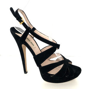 Miu Miu Slingback Platform Sandal Black Suede Cage Peep Toe Slim Heel St…